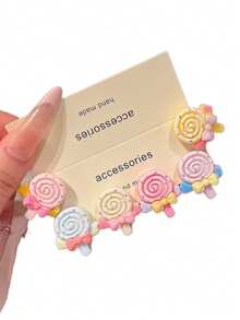 6PCS/12PCS Cute Lollipop Hair Clip Set, Macaron Bow Resin Alligator Hair Clips, Soft Adorable Colorful Side Bangs Hair Clips, Sweet Girl Daily Hair Accessories - Multicolor - View 6