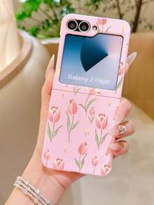 1 pieza Funda de teléfono plegable de material PC con tacto suave, elegante, simple y linda, con elemento de flor de tulipán, que protege y previene caídas para: Samsung Galaxy Z Flip 3/Z Flip 4/Z Flip 5/Z Flip 6/Z /Z Flip 8/Lazar 60/Razr 50/Razr 70/Galaxy Z Flip 7 FE - Rosa - Ver 7