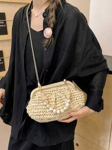 Women's Natural Straw Woven Shell-Shaped Clasp Handbag With Marble Bead Handle And Detachable Chain Shoulder Strap, Suitable For Summer Beach Vacation And Casual Use - White - View 2