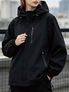 女士休闲户外轻便拉链连帽外套，带口袋，适合春秋季穿着，黑色 - 黑色 - 查看 1