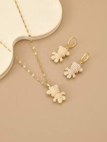 1pc Luxury Pearl Bear Stainless Steel Women's Necklace, 1 Pair Luxury Pearl Bear Stainless Steel Women's Earrings, Animal, Gold Necklace, Gold Earrings, Stainless Steel Jewelry, Gold Jewelry, Summer, Beach, Vacation Jewelry, Bohemian, Charm, Pride, Western Jewelry, Gift For Women, Gift, Birthday Gift - Yellow Gold - View 3