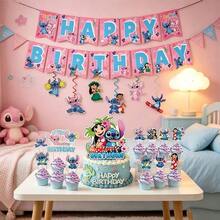 全新史迪奇主題派對裝飾 生日場景布置橫幅蛋糕插牌套組 - 查看 3