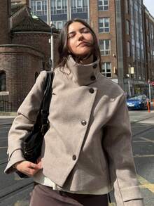 THREADLY Autumn/Winter New Women's European And American Style Fashion Minimalist Versatile Stand Collar Jacket - Khaki - View 2