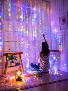 300 LED Window Curtain Lights, 9.8x9.8 Ft (Approx. 3 Meters*3 Meters), Warm Lighting, USB Powered, 8 Modes Remote Control, Hanging Lights For Bedroom, Indoor, Outdoor, Wedding Party (Color/Warm White/Pure White) - 多色 - 查看 9