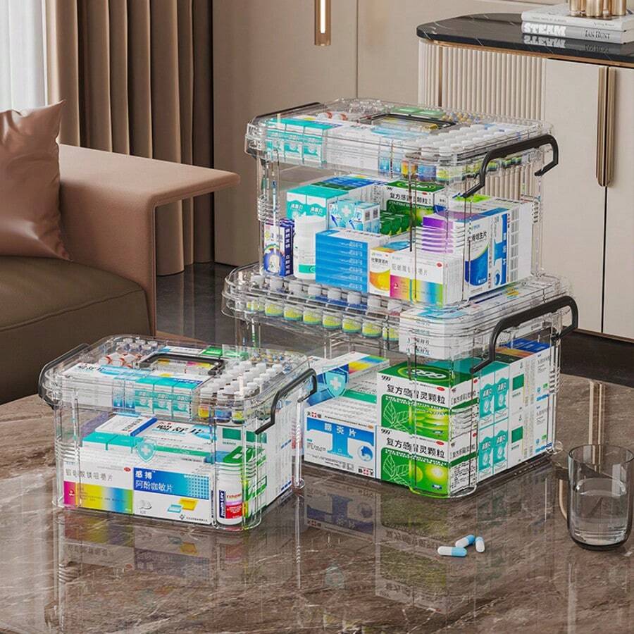 Caja de pastillas transparente de varias capas, caja de almacenamiento de primeros auxilios de gran capacidad, caja de almacenamiento de medicamentos para el hogar, adecuada para pastillas, vitaminas, kits de primeros auxilios y artículos médicos esenciales - Multicolor - Ver 1