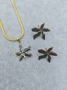 Minimalist Maple Leaf Jewelry Set, Snake Chain Necklace And Matching Earrings, Solid Black Enamel Maple Leaf Accessory For Daily And Evening Outfits - Multicolor - View 2