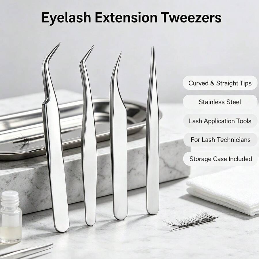 5PCS High Precision Lash Extension Tweezers Polished Stainless Steel Smooth Surface Tight Alignment Tips Ideal For Classic Volume Eyelash Application Salon Daily Beauty Grooming Supplies