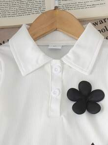 2pcs Young Girls Minimalist Premium 3D Floral Decor Long Sleeve POLO Shirt & Large Bow Leather Pleated Mini Skirt Set, Spring/Autumn - White - View 5