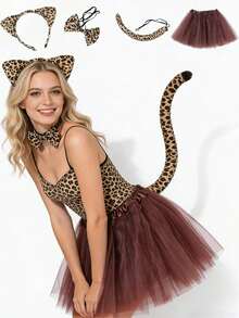 3/4pcs Brown Leopard Print Accessory Set, Includes Headband, Leopard Tail, Bow Tie, Skirt, Suitable For Carnival And Cosplay Events,Halloween - Multicolor - View 1