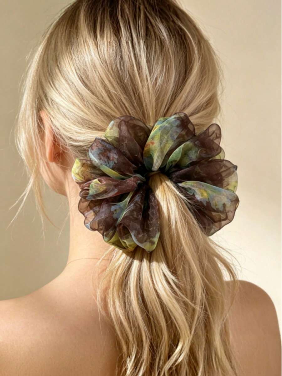 Vintage Tie Dye Organza Scrunchie, Ethereal Sheer Ink Wash Floral Hair Tie, Atmospheric Hair Accessory - Multicolor - View 1