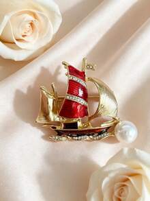 1pc Sculpted Sailing Vessel Brooch, Nautical Motif, Old-World Retro Style, Unisex Coat Pin, Ceremony & Daily Styling, Fall OOTD Jewelry Ornament - Red Sailboat Model a - View 8