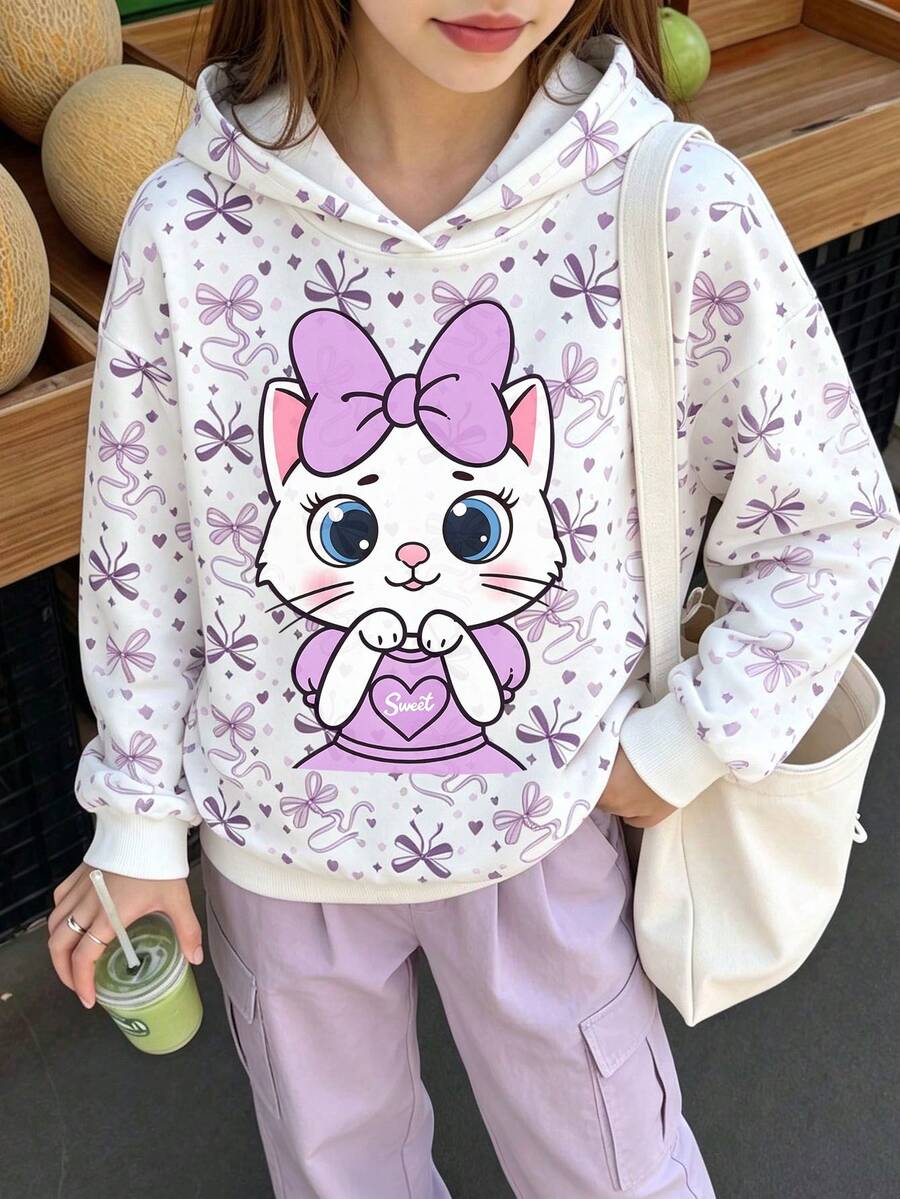 Girls Cute Purple Bow Digital Print Pullover Sweatshirt, Long Sleeve Pullover Sweatshirt With Cat Pattern, Suitable For Autumn/Winter Daily Wear - Multicolor - View 1