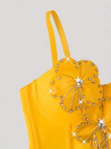 3D Floral Rhinestone Sexy Fishbone Strap Top, Hip Hop Rock Music Festival Casual - Yellow - View 6