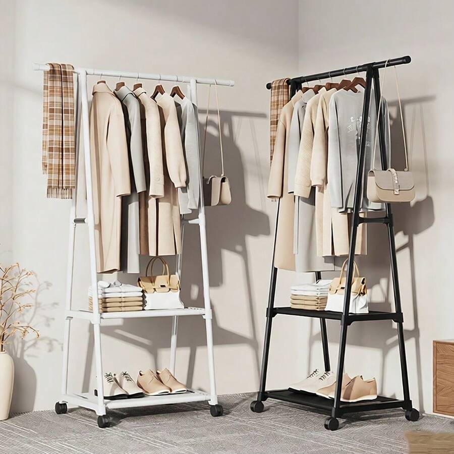 1 cái giá treo áo khoác đứng, giá treo quần áo kim loại đa năng, thanh treo điều chỉnh được, thiết kế lưu trữ hai tầng, rãnh chống trượt, có bánh xe khóa, giá trưng bày gia đình bền bỉ