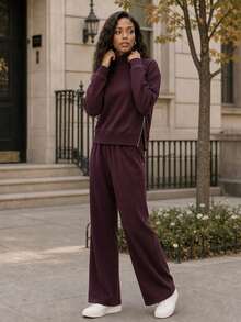 DAXIDA Women's Elegant Burgundy High Neck Long Sleeve Top And Pants Two-Piece Set, Warm Lined High Stretch Casual Fall Winter Outfit - 玫紅色 - 查看 3