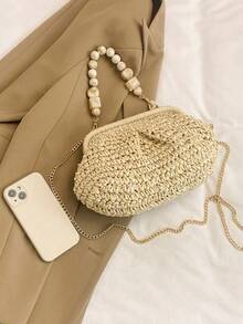 Women's Natural Straw Woven Shell-Shaped Clasp Handbag With Marble Bead Handle And Detachable Chain Shoulder Strap, Suitable For Summer Beach Vacation And Casual Use - White - View 5