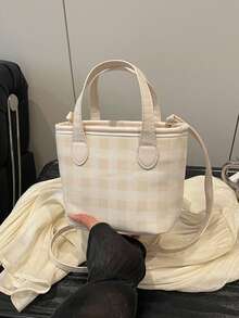 格子女款手提包 2026新款時尚休閒百搭單肩斜挎包 - 米色 - 查看 9
