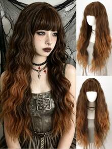 30 Inch Brown To Dark Brown Long Wavy Wig With Air Bangs, Heat Resistant Synthetic Curly Hair Wig For Women Daily Cosplay Party - Blonde Ombre - View 3