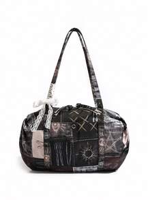 Nicekee Retro Artistic Style Relaxed Versatile Color Blocked Tote Bag, Bow Decoration Design, Large Capacity Casual Personalized Shoulder Bag. - Multicolor - View 3