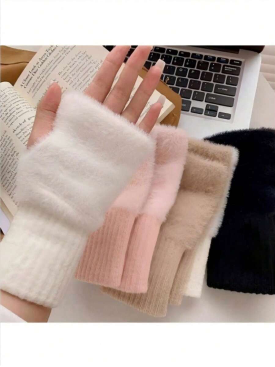 1/2 Pairs Women's Solid Color Warm Knitted Half-Finger Gloves, Fuzzy Knitted Wrist Warmers, Suitable For Touchscreen Office, Student Writing, Cycling Anti-Freeze - Multicolor - View 1