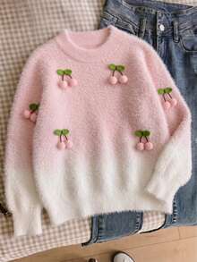 Girls Cute Gradient Cherry Faux Mink Knit Pullover Sweater, Suitable For Daily Wear, Vacation, Spring, Autumn, Winter - Pink - View 1