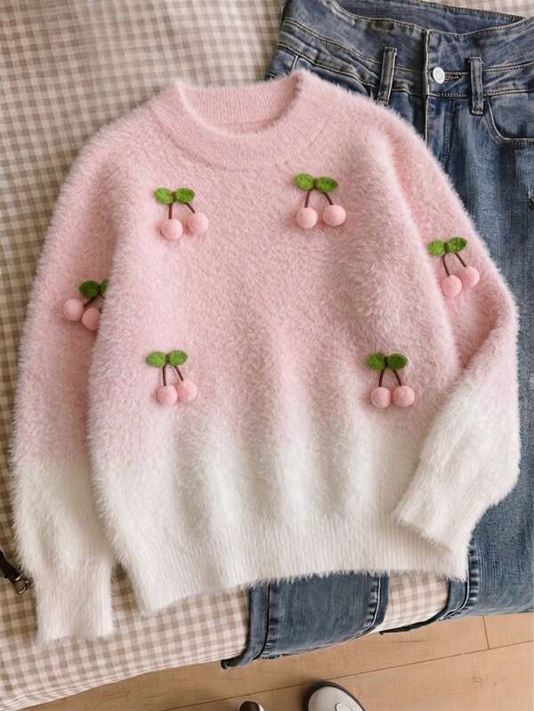 Sweater Pullover Rajut Bulu Imitasi Motif Gradien Ceri Lucu untuk Anak Perempuan, Cocok untuk Pemakaian Sehari-hari, Liburan, Musim Semi, Musim Gugur, Musim Dingin