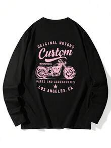 Women's Round Neck Long Sleeve T-Shirt, Spring/Autumn New Motorcycle Graphic And Letter Print, Fashion Casual Versatile Loose Fit Top - Black - View 3