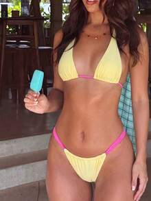 Women's Yellow & Pink Colorblock Bikini Set, Halter Neck Tie Back Two-Piece Swimwear Set Vacation Beach - Multicolor - View 2