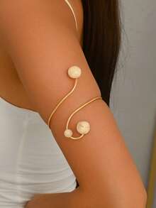 1pc Minimalist Premium White & Gold Contrast Resin Round Bead Adjustable Open Cuff Bracelet, Suitable For Women's Daily Outfit Matching, Vacation, Travel, Atmospheric Accessory - Gold - View 3
