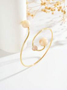 1pc Minimalist Premium White & Gold Contrast Resin Round Bead Adjustable Open Cuff Bracelet, Suitable For Women's Daily Outfit Matching, Vacation, Travel, Atmospheric Accessory - Gold - View 6