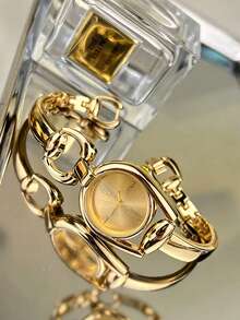 1 Peça Relógio Pulseira de Corrente de Luxo Feminino, Design de Corrente de Metal Liso como uma Pulseira Delicada, Textura Dourada Polida com Aparência Elegante de Alta Qualidade. Pertence a Acessórios Dourados, Pulseiras, Acessórios de Verão, Joias de Mão, Adequado para Uso Diário, Encontros, Reuniões, Passeios de Verão, Temporada de Volta às Aulas e Mais Cenários, Pode Ser Usado como Presente de Formatura, Melhor Presente para Mulheres, Demonstrando Delicadeza e Elegância. - Dourado - Visão 4