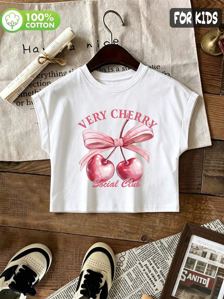 Tween Girls' Cotton Cropped Cuffed Sleeve Tee, Graphic Print, Cute Sweet Preppy Girl Style - White - View 1
