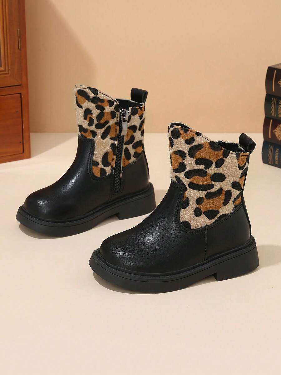 1 Pasang Sepatu Bot Anak Chelsea Ankle Boots Motif Leopard Patchwork Gaya Korea dengan Resleting Dalam, Sol Tebal, Cocok untuk Sehari-hari di Musim Semi dan Gugur - Coklat - View 1