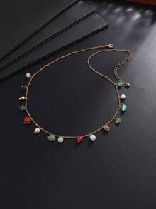 1pc Bohemian Natural Crushed Stone & Pearl Choker Necklace, Colorful Raw Stone Pendant Fine Chain Necklace, Beach Vacation Style Men's Neck Chain - Gold - View 4