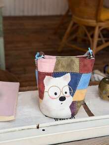 Cute Cartoon White Dog Bucket Crossbody Bag, Color Block Patchwork Splicing Canvas Shoulder Purse With Glasses Puppy Print. - Multicolor - View 8