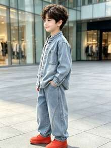Boys' Autumn Loose Fit All-Over Print Long Sleeve Denim Jacket & Denim Pants 2 Pieces Set, Suitable For Back To School, Daily Wear And Outdoor Activities - Baby Blue - View 5