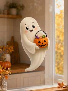 1pc Halloween Cute Trick-Or-Treat Ghost With Pumpkin Candy Bucket Window Sticker, Self-Adhesive Peel And Stick PVC Window Decal, Waterproof Removable Glass Door Decor For Living Room Bedroom Kitchen Kids Room & Halloween Party Home Decoration - Multicolor 2 - View 6