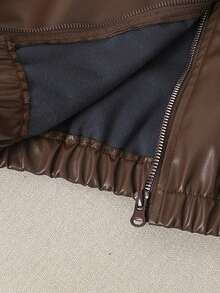 Tween Girl Spring/Autumn New Fashion Solid Color Zipper Lapel Long Sleeve Brown PU Leather Jacket Short Top - Brown - View 10