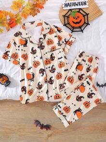 2-Piece Halloween Women's Pajama Set, Pumpkin & Ghost Cat Print, Short Sleeve Cardigan & Long Pants Set, All Season, Home Wear, Comfortable & Loose - Apricot - View 2