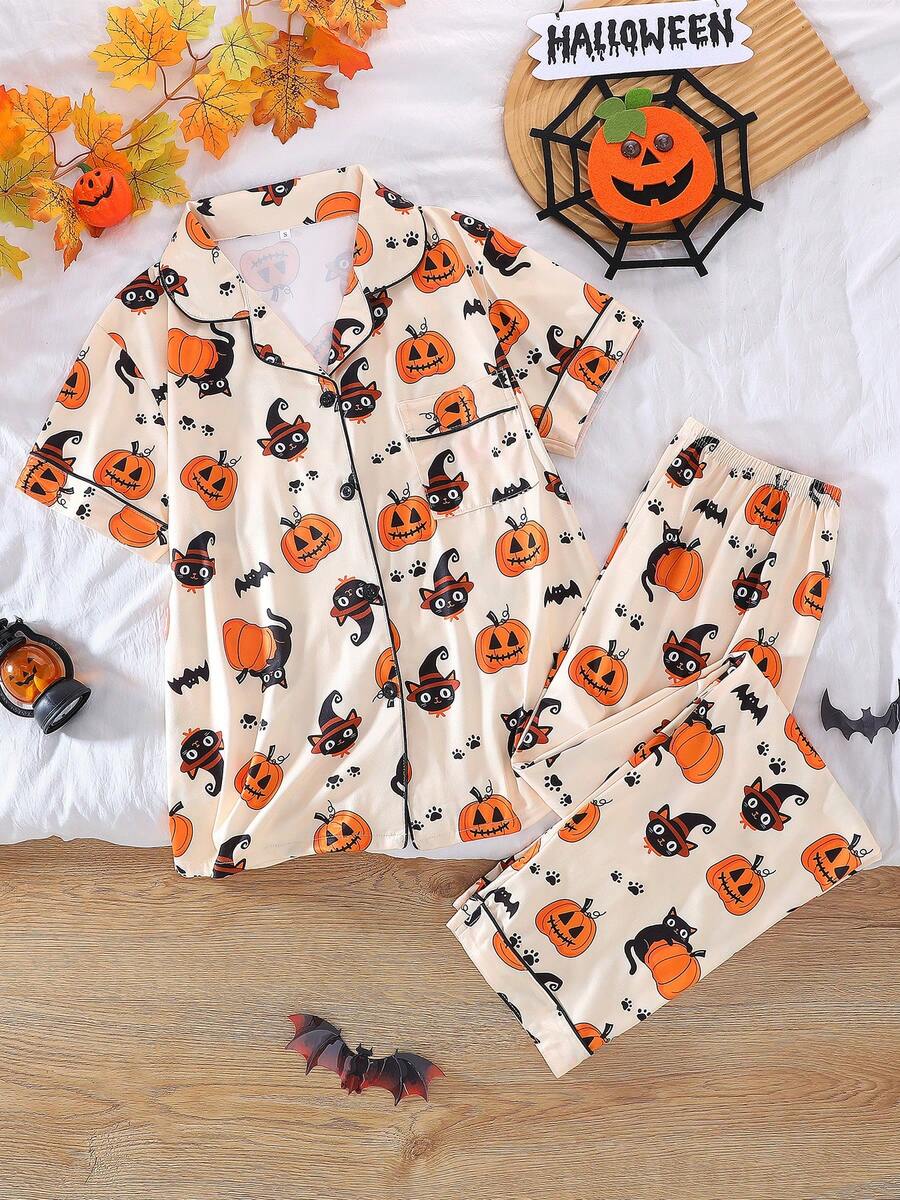 2-Piece Halloween Women's Pajama Set, Pumpkin & Ghost Cat Print, Short Sleeve Cardigan & Long Pants Set, All Season, Home Wear, Comfortable & Loose