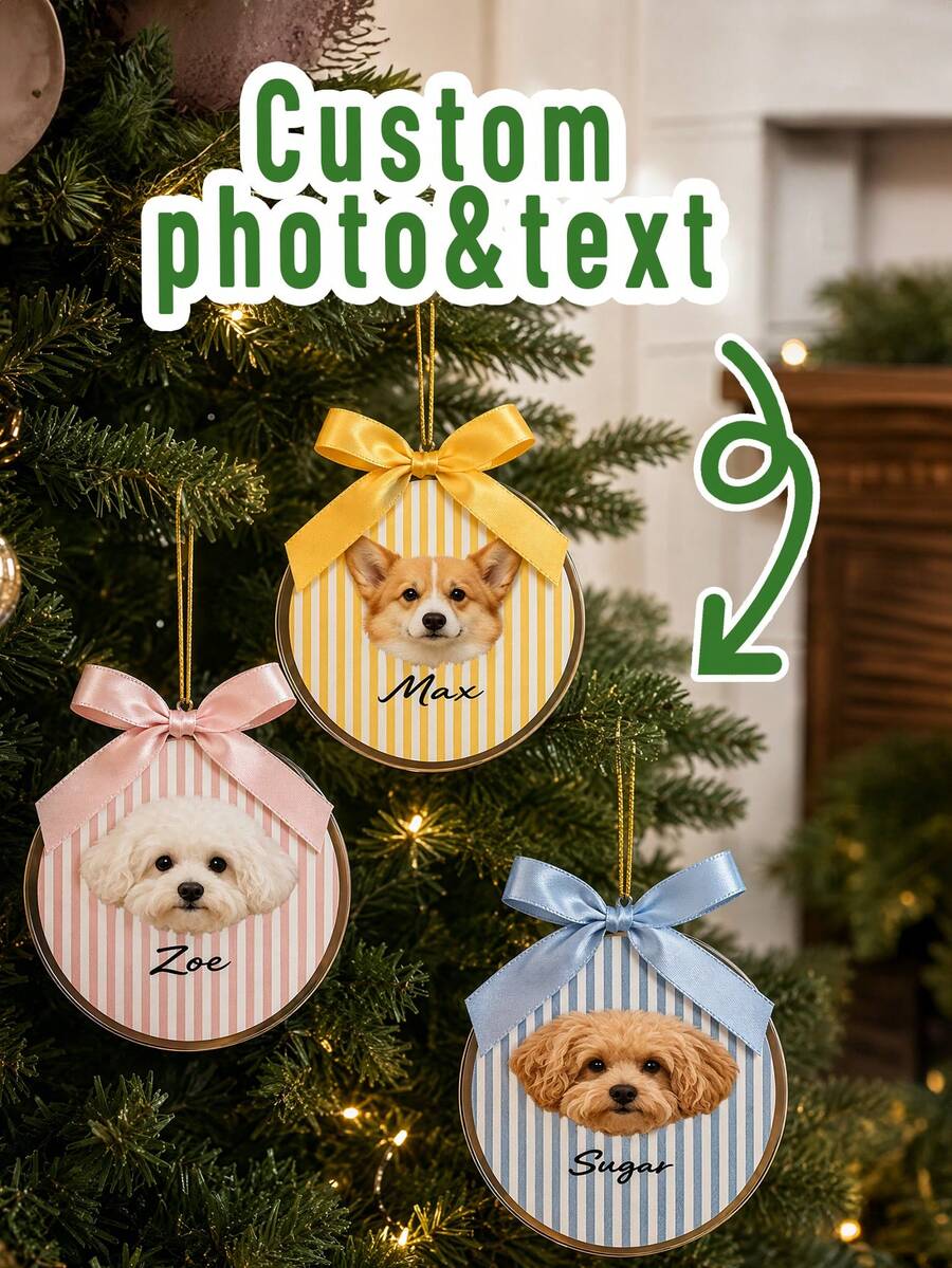 1pc Customized Photo & Text Pet Ornament - Acrylic Christmas Tree Hanging Decoration With Pet Name, Durable Ribbon, Cozy Farmhouse Style, Suitable For Home/Car/Holiday Decor, Perfect Christmas & New Year Gift For Dog/Cat Lovers, Pet Owners, Families - Multicolor - View 1