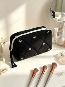 Black Quilted White Bow Embroidery Cosmetic Bag For Women Multi-Size Zipper Makeup Organizer Pouches With Handheld Case Travel Toiletry Storage Bags - Black - View 18