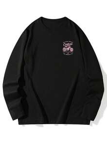 Women's Round Neck Long Sleeve T-Shirt, Spring/Autumn New Motorcycle Graphic And Letter Print, Fashion Casual Versatile Loose Fit Top - Black - View 4