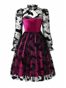 Girls' Autumn/Winter Halloween Vintage Burgundy Velvet Bat Mesh Stand Collar Puff Long Sleeve Dress, Suitable For Casual Daily Wear And Holiday Party Outfits - Burgundy - View 2