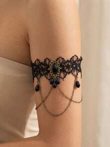 1pc Fashionable Vintage Lolita Lace Armband Black Gothic Water Drop Tassel Bracelet Halloween Jewelry, Halloween Ghost Bride Costume Accessory - Black - View 2