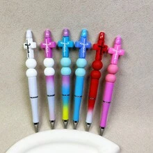 6Pcs Jesus Cross DIY Bead Pen Twist Ballpoint Pens Ideal For Class Study Notes Business Conference Recording, Essential Student Office Writing Supplies, Freely Add And Remove Color Beads As Personal Preference, Handmade Cross Bead Unique Barrel - A - View 4