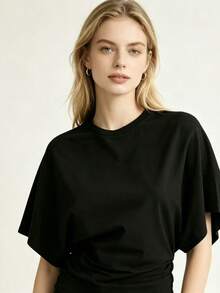 Versatile Black Ruched T Shirt For Women Casual Solid Summer Top Clean Aesthetic Daily School Beach Vacation Home Lounge Basic Tee - 黑色 - 查看 8