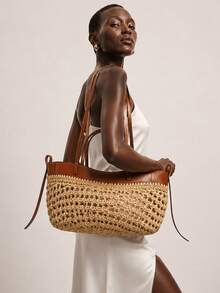 1pc Woven Patchwork Tote Bag, Raffia Straw & PU Leather Contrast Design, Handmade Summer Beach Bag Suitable For Vacation, Commute, Daily Use, Can Hold Phone, Wallet, Keys, Cosmetics, Umbrella, Suitable As Birthday Gift, Holiday Gift, Bestie Gift, Travel Companion - Brown - View 4