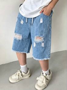 1pc Tween Boys Casual Loose Fit American Retro Distressed Ripped Denim Shorts, Washed Blue, Outdoor Streetwear Style - Light Wash - View 7