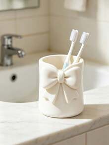 1pc Cream Style Bow Mini Toothbrush Cup, Cute Desktop Storage Box, Multi-Functional Toothbrush & Toothpaste Holder, Mini Vase Small Potted Plant Decor, Bathroom Vanity Desktop Organizer, Dorm Home Decor, Makeup Brush Holder - Multicolor - View 11